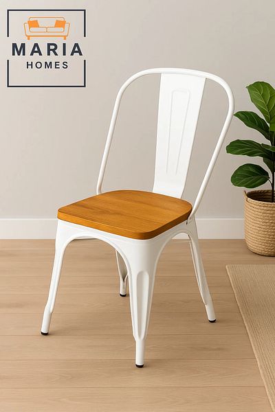 MARIA HOMES White Industrial Metal Chair with Wooden Seat – Modern Vintage Dining Chair