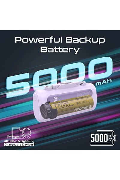 Promate Mini PowerUp-Duo Power Bank 5000mAh with Super Fast Charging - Purple