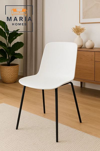 MARIA HOMES Modern White Plastic Dining Chair with Metal Legs – Minimalist Ergonomic Chair for Home or Café