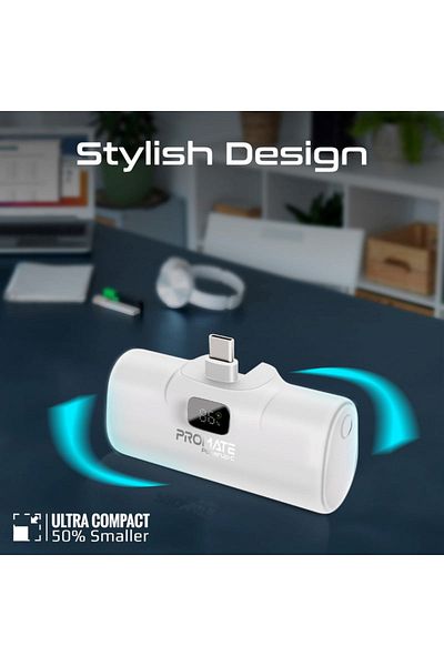 Promate PowerUp-C Power Bank 5000mAh with Fast Charging and Built-in USB-C Connector - White