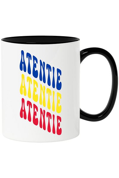 StoryGift Romania Mug with the word "Attention", in the colors of the Romanian flag, red, yellow, blue, T, with STG
