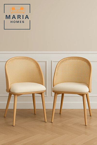 MARIA HOMES Natural Rattan Curved Back Chair with Cream Cushion – Elegant Cane Accent Chair for Living or Dining