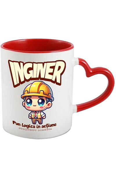 StoryGift Romania Engineer Mug I Put Logic Into Action, 330ml, Ceramic with Red Heart Handle, With Linen Handle, STG