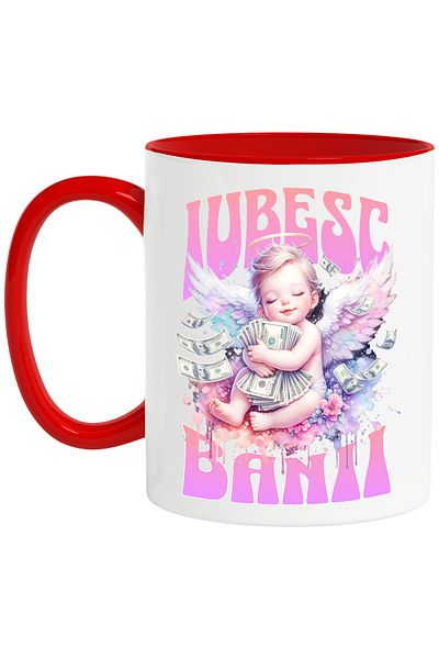 StoryGift Romania Pink angel mug with wings in the sky text I love money, 330ml, Ceramic with Red Handle, With Ma, STG