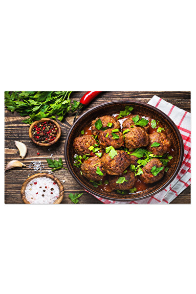 StoryGift Romania Tablou Canvas Chiftele In Sos De Rosii, Aranjate Pe Masa De Lemn Delicii Culinare Cu Sosuri Bo