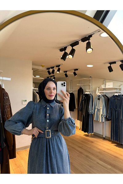 OlaLady Rochie de damă cu cataramă prințesă cu mâneci test denim blugi