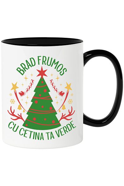 StoryGift Romania Beautiful Christmas Tree Mug with Your Green Pine Cone, 330ml, Ceramic with Black Handle, With M,STG