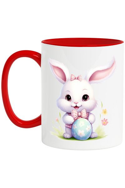 StoryGift Romania Mug with a bunny holding a painted egg | popcorn | plants | nature | grass, With ,STG