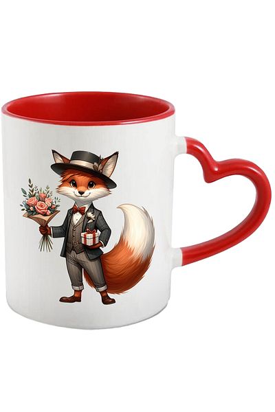 StoryGift Romania Mug with a fox holding a bouquet of flowers and a gift | illustration | but on, With ,STG