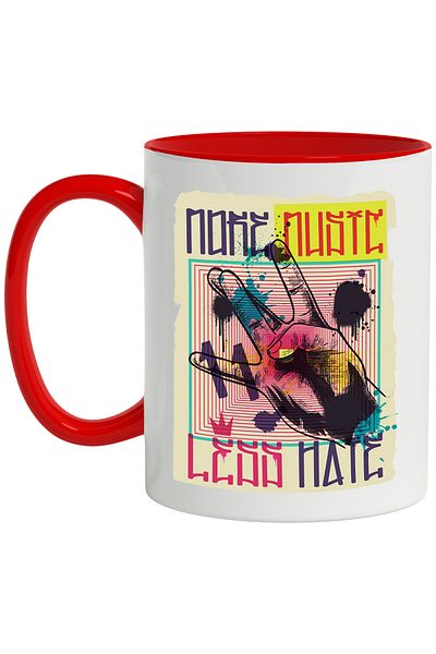 StoryGift Romania Mug With Message In English More Music Less Hate, Hand, Retro, Poster, Multicolor 3, With ,STG