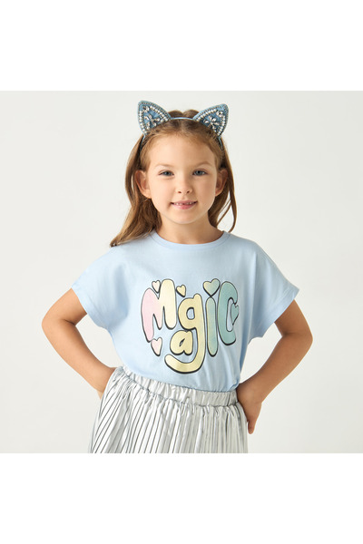 Juniors تي شيرت بأكمام قصيرة ورقبة دائرية وطبعة لامعة - طقم من قطعتين