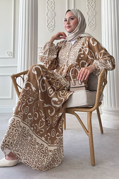 InStyle Curved Spiral Pattern Camel Viscose Dress