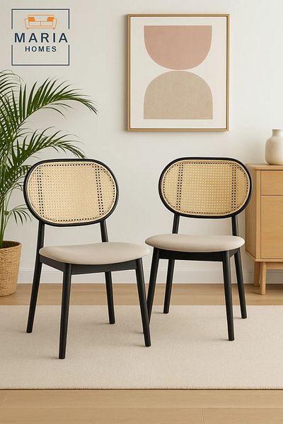 MARIA HOMES Modern Black Wood Chair with Woven Cane Backrest and Cream Upholstered Seat – Stylish & Durable