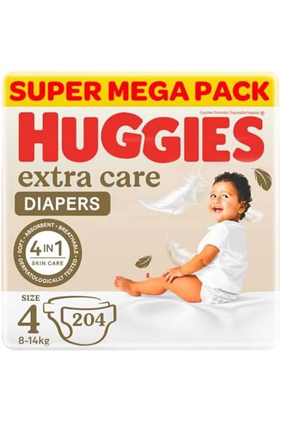 Huggies Extra Care, Size 4, 8 -14 kg, Super Jumbo Pack, 204 Diapers