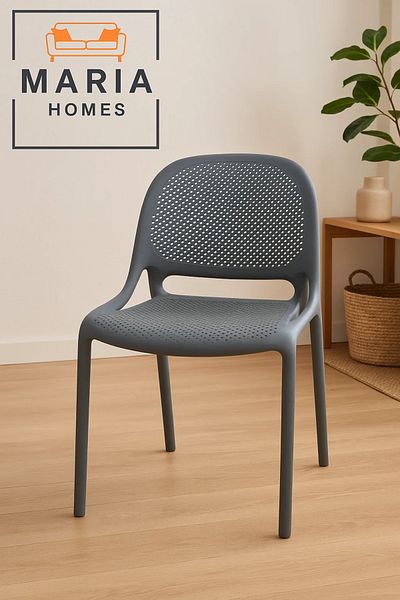 MARIA HOMES Dark Grey Plastic Armchair with Ventilated Design – Modern Stackable Chair for Indoor or Outdoor Use