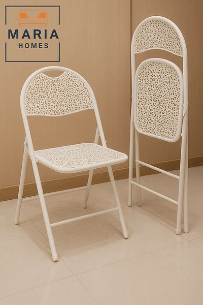 MARIA HOMES White Folding Chair with Decorative Cut-Out Back – Lightweight & Compact Design