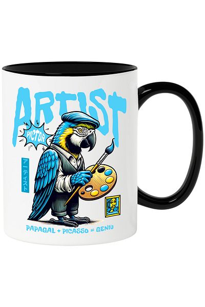 StoryGift Romania Parrot Painter Mug - Artist + Picasso = Genius, 330ml, Ceramic with Black Handle, With ,STG