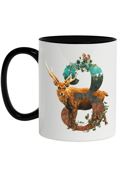 StoryGift Romania Mug With Number, 3, Deer, Squirrel, Plants, Multicolor 330 ml, Ceramic with Handle N, With ,STG