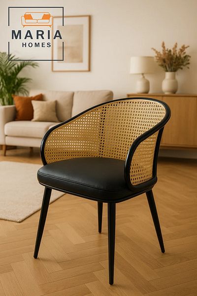 MARIA HOMES Modern Rattan Backrest Barrel Chair with Black Cushion Seat – Stylish Cane Accent Chair for Dining