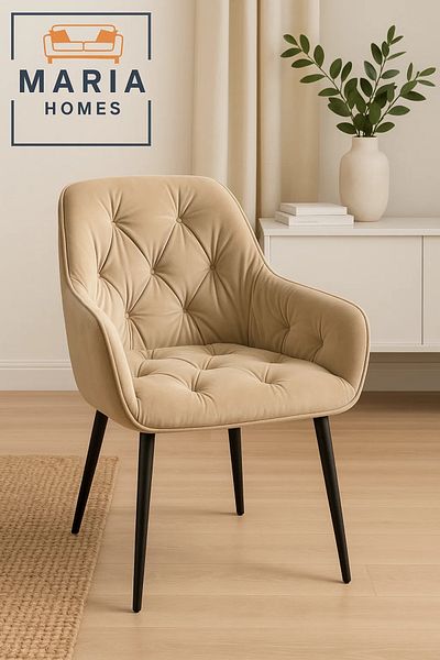 MARIA HOMES Beige Velvet Tufted Armchair – Upholstered Lounge Chair with Black Legs for Home, Office, or Lounge