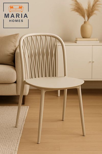 MARIA HOMES Modern Beige Plastic Dining Chair with Spindle Back – Stylish & Durable Seating