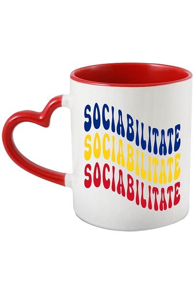 StoryGift Romania Mug The Word Sociability, in the Colors of the Romanian Flag, Red, Yellow, Blue, with ,STG