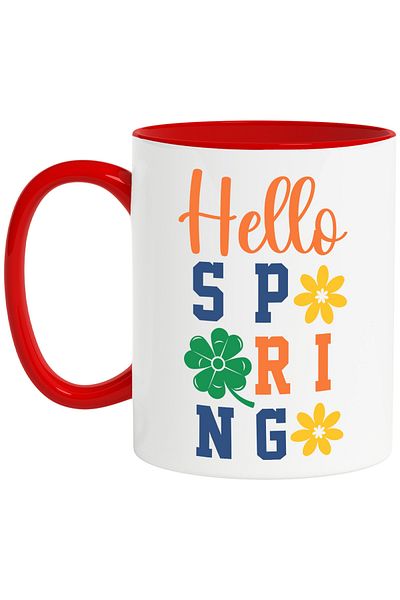 StoryGift Romania Popcorn mug with the message "Hello, spring" - good spring with Red Handle, With Handle, STG
