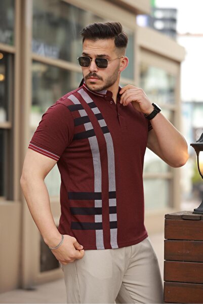 Miron Claret Red Print Detailed Polo Neck Short Sleeve T-Shirt -2519