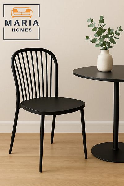 MARIA HOMES Modern Black Plastic Dining Chair with Spindle Back – Sleek and Sturdy Design