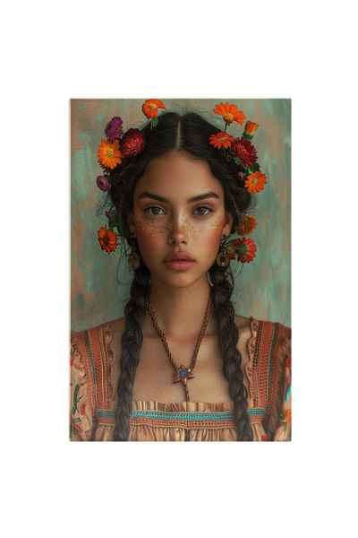 StoryGift Romania Tablou Canvas Florile Câmpului În Pârul Tinerei Cu Pandativ Lemnos Și Codițe Împletite , Pictur