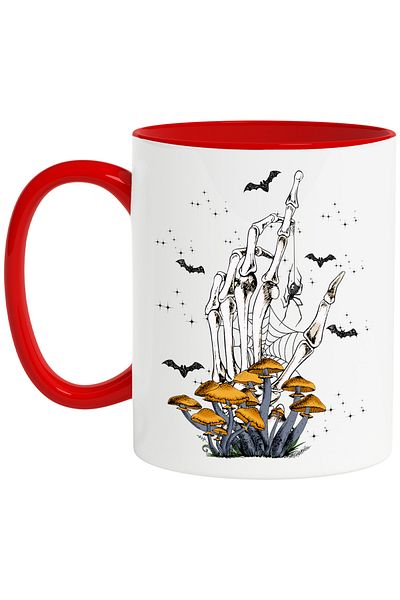 StoryGift Romania Mug with a handful of skeletons coming out of the ground, illustration, mushrooms, bats, , With ,STG