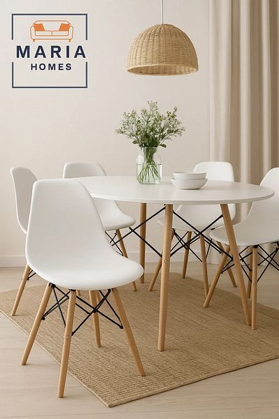 MARIA HOMES White Modern Plastic Dining Chair with Wooden Legs – Minimalist Design for Home, Office, or Café Use