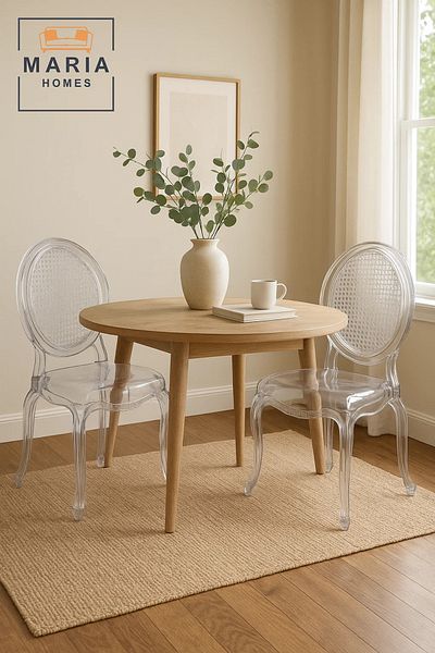MARIA HOMES Elegant Transparent Rattan-Back Chair – Vintage Clear Acrylic Chair for Modern and Classic Decor