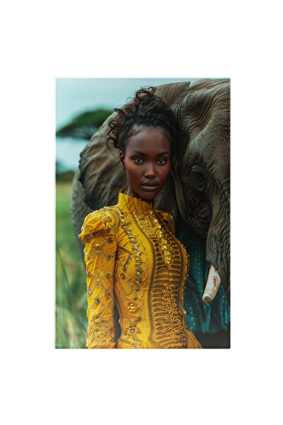 StoryGift Romania Tablou Canvas Femeia Cu Pielea Neagra In Rochie Galbena Car...