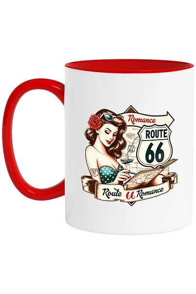 StoryGift Romania Mug with the message "Route 66 Romance", illustration, retro style, old, old fashioned, With ,STG