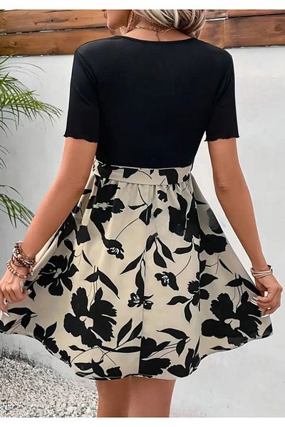 Little Visqon Women's Short Sleeve V-Neck Belted Waist Floral Patterned Top Viscose Bottom Single Jersey Dress