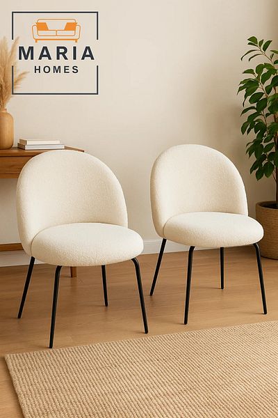 MARIA HOMES Modern Curved Bouclé Accent Chair with Black Metal Legs – Cozy Upholstered Lounge Seating