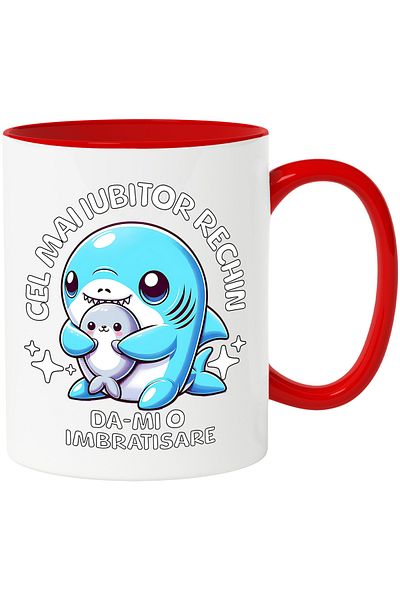 StoryGift Romania Shark Mug Loving Sea Animal Hugging, 330ml, Ceramic with Red Handle, With Handle, STG