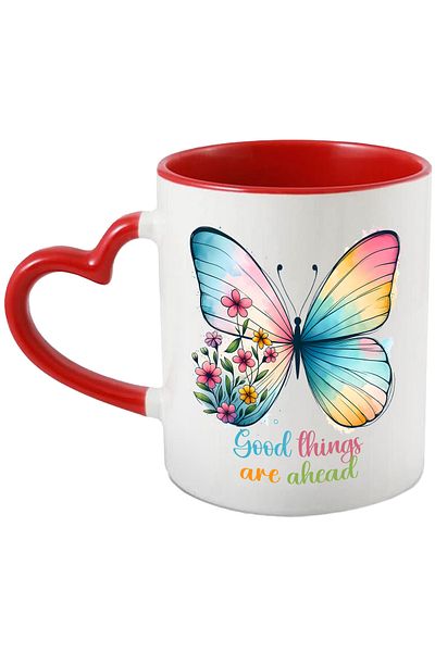 StoryGift Romania Mug with the message "Good things are ahead", illustration, motivational, flowers, butterfly, With ,STG
