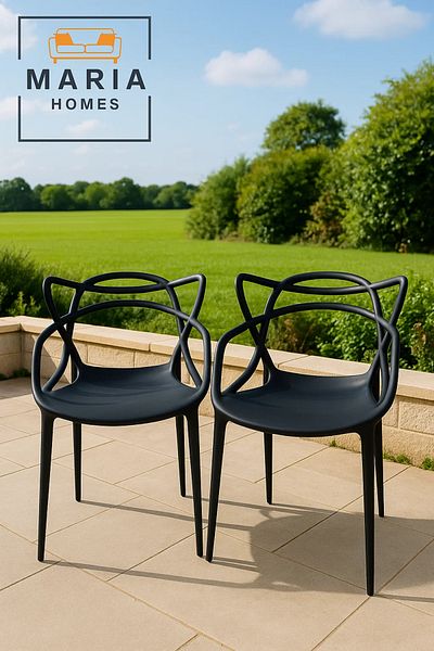 MARIA HOMES Modern Black Designer Plastic Chair – Sleek Stackable Armchair for Indoor and Outdoor Use