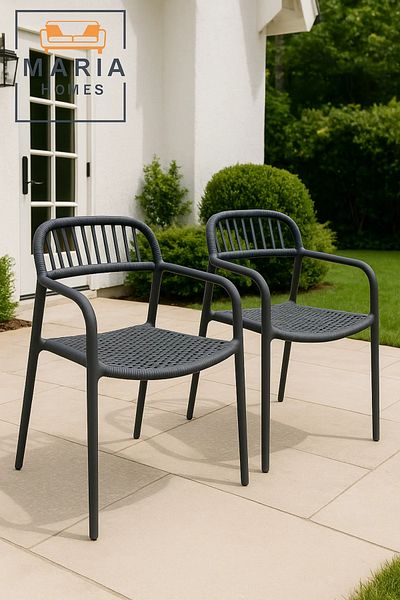 MARIA HOMES Grey Woven Plastic Chair with Armrests – Modern Indoor Outdoor Rattan-Style Stackable Patio Seating