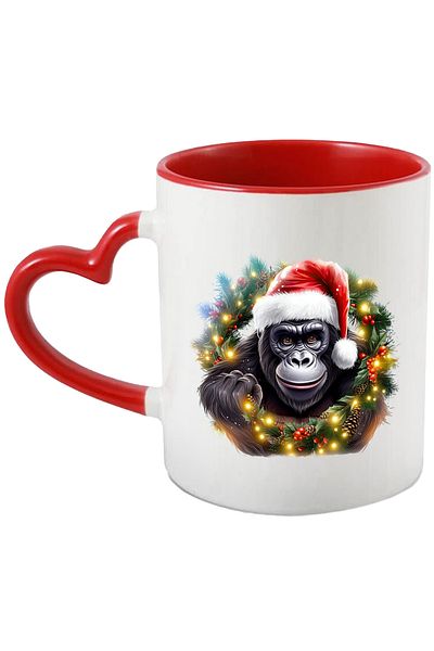 StoryGift Romania Mug with a gorilla wearing a Christmas hat, illustration, tableware, lights, celebration, With ,STG