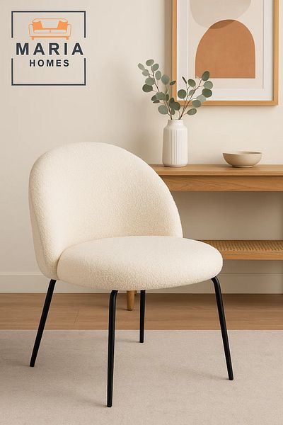 MARIA HOMES Modern Curved Bouclé Accent Chair with Black Metal Legs – Cozy Upholstered Lounge Seating
