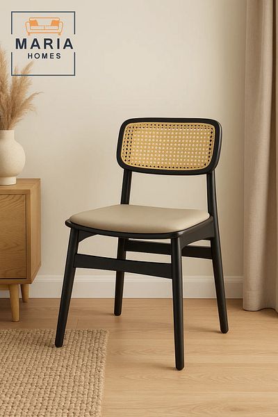 MARIA HOMES Black Wooden Chair with Rattan Backrest and Padded Beige Seat – Modern Cane Dining Chair