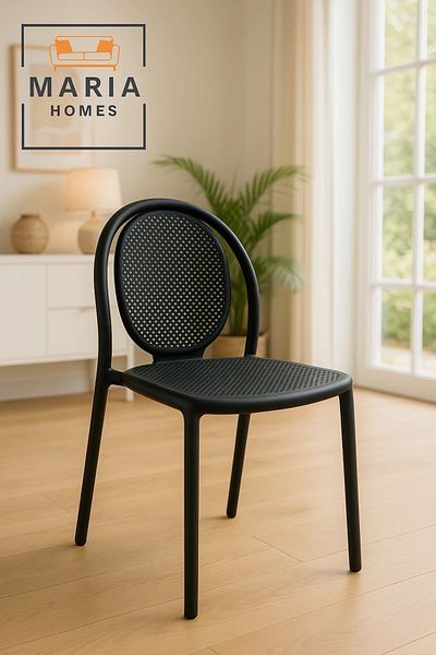 MARIA HOMES Black Modern Plastic Chair with Ventilated Back – Indoor & Outdoor Use