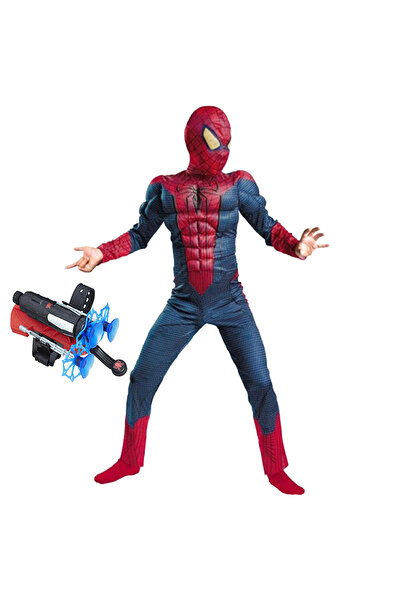 KidMania Set costum Spiderman cu muschi si lansator ventuze pentru baieti 110-120 cm 5-7 ani