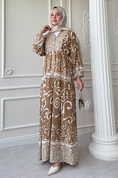 InStyle Curved Spiral Pattern Camel Viscose Dress