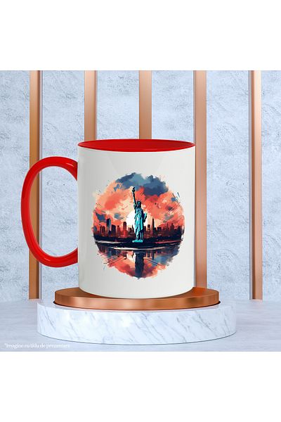 StoryGift Romania Mug With City: Statue of Liberty, America, Sun, Clouds, Buildings, Multicolor 330 , With ,STG