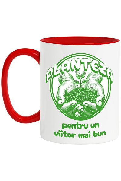 StoryGift Romania Planting hands with fertilizer pollution mug, 330ml, Ceramic with Red Handle, With Handle, STG