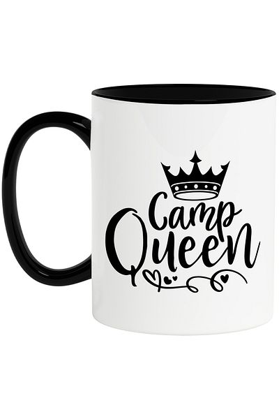 StoryGift Romania Mug with a royal crown and the text "Camp queen" - camp queen with Black Handle, With M,STG